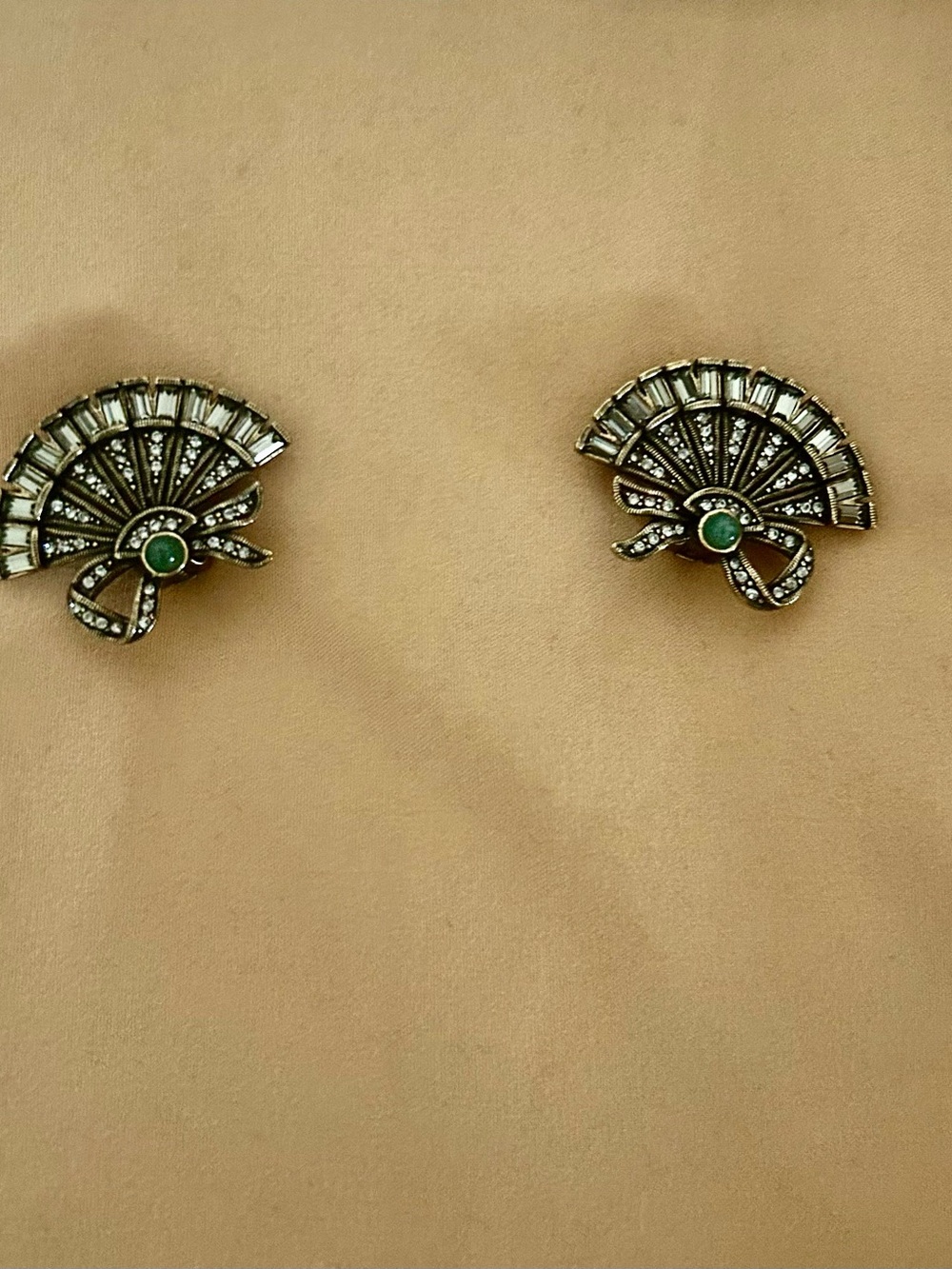 Heidi Daus Clip Silver-Tone Fan Earrings with Green Centers